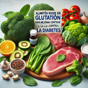 Selección de alimentos que contienen precursores del glutatión, como brócoli, espinacas y carnes magras, beneficiosos para personas con diabetes.